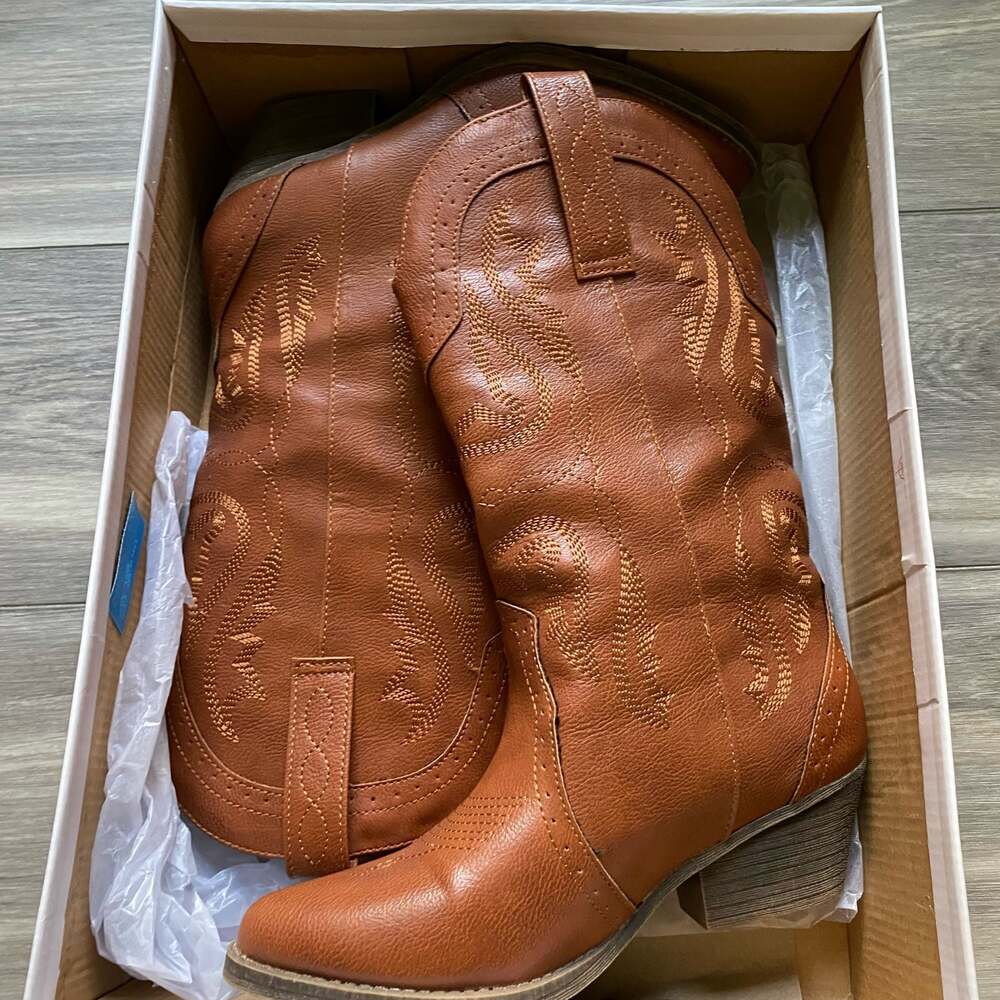 True Craft Women's Cognac Tumble PU Tammi Western Boots Size 8 Medium